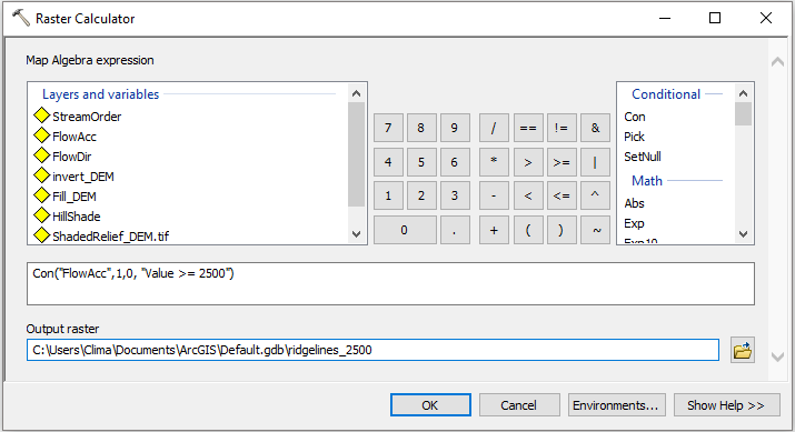 Raster Calculator Ridgelines