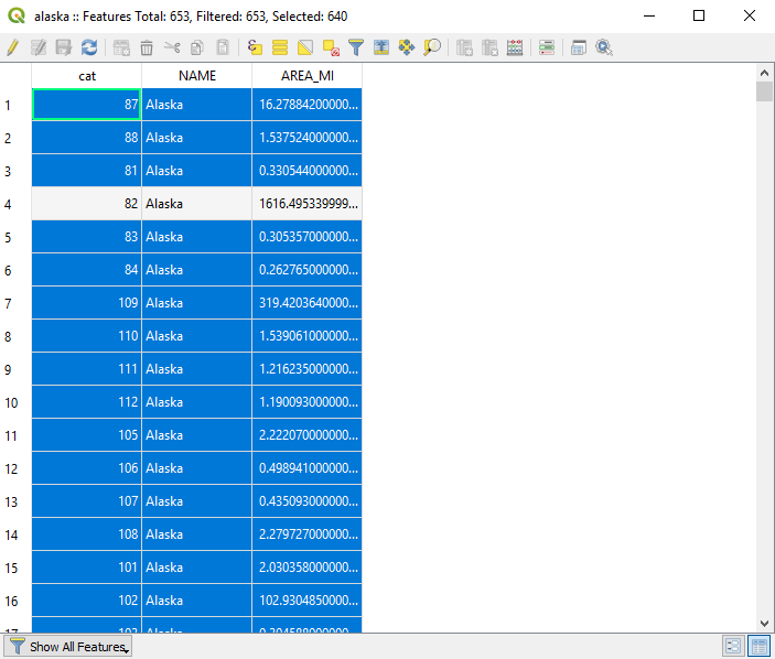 Attribute table with features selected